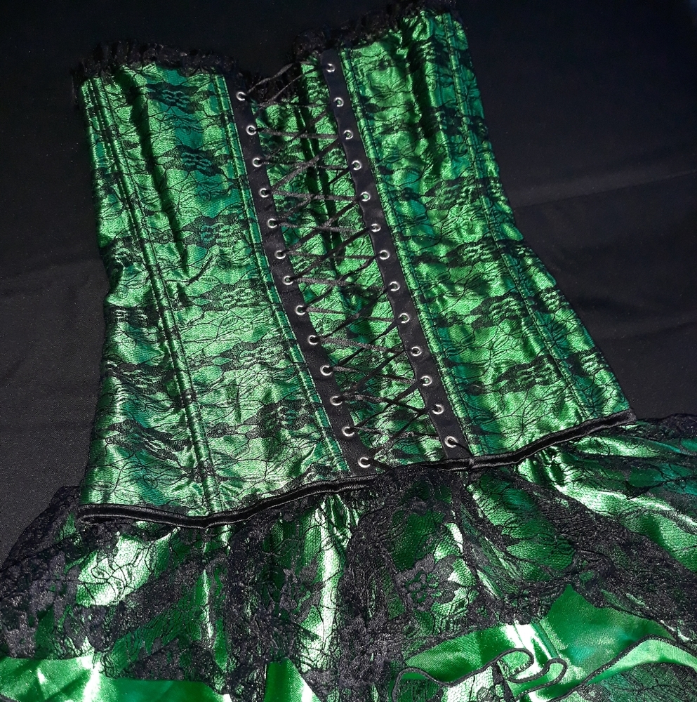 Green Black Lace Silky Corset Skirt Combo